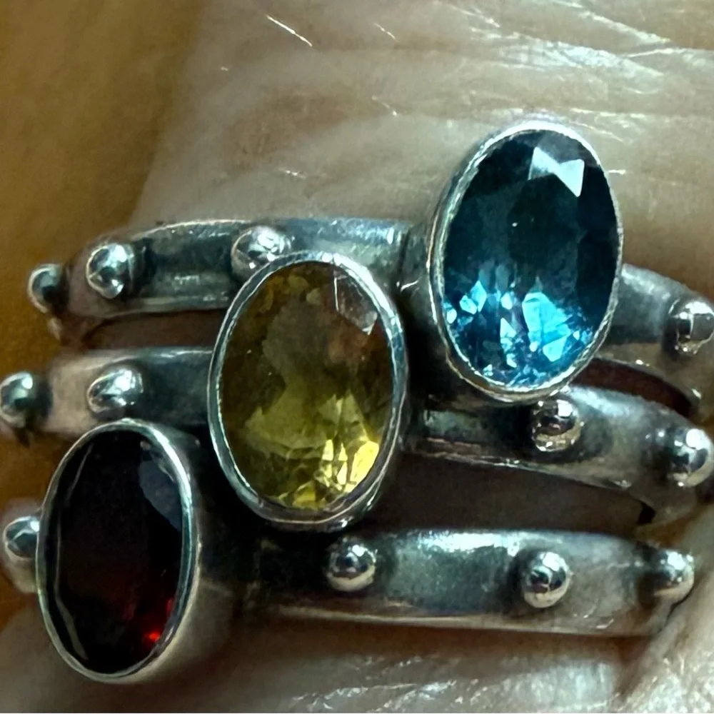Stackable Silver Ring Set with Blue Topaz, Citrine, and Garnet - Picture 3 of 6
